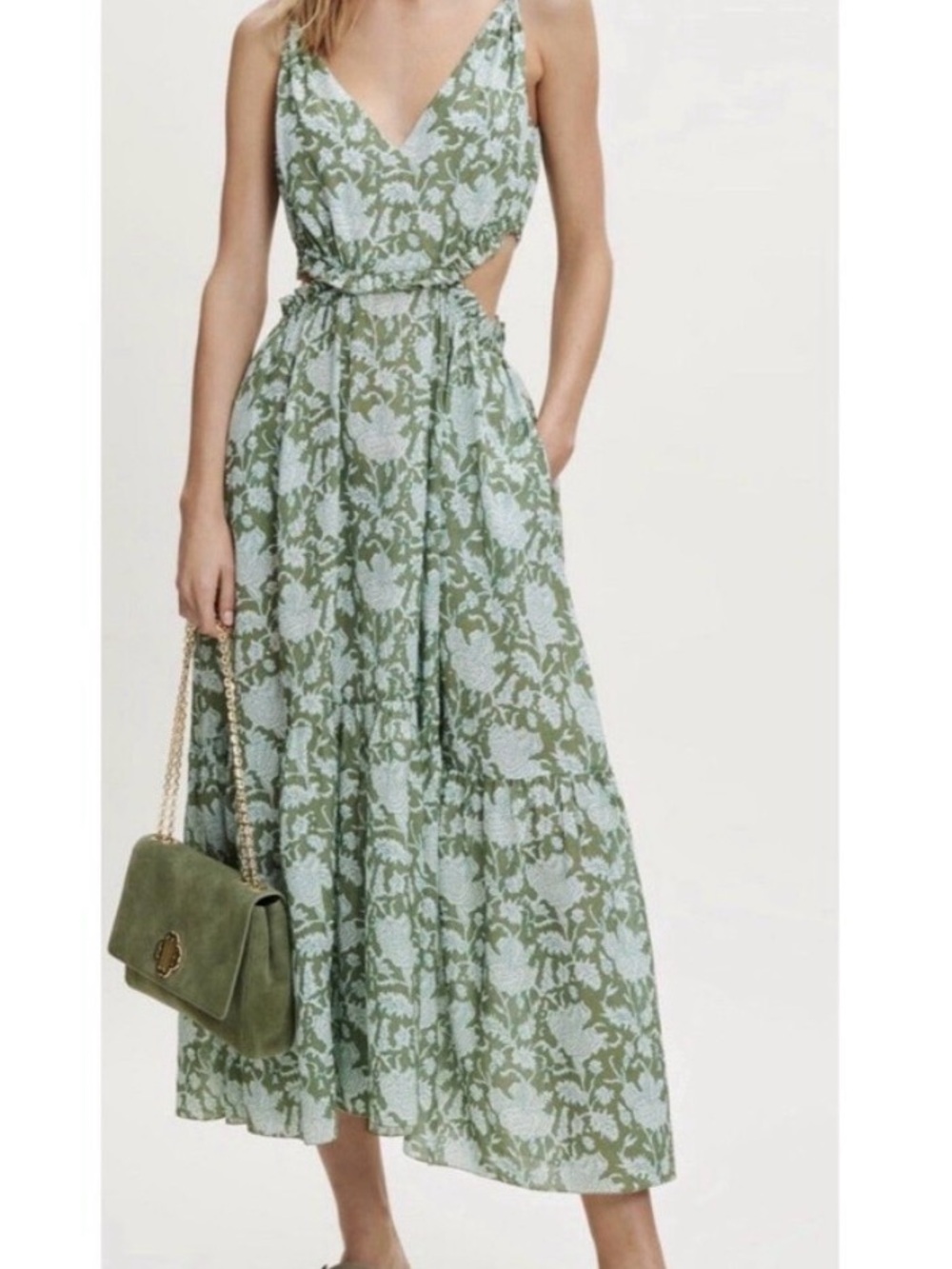 Maje Green Floral Midi Dress with Cutout Waist